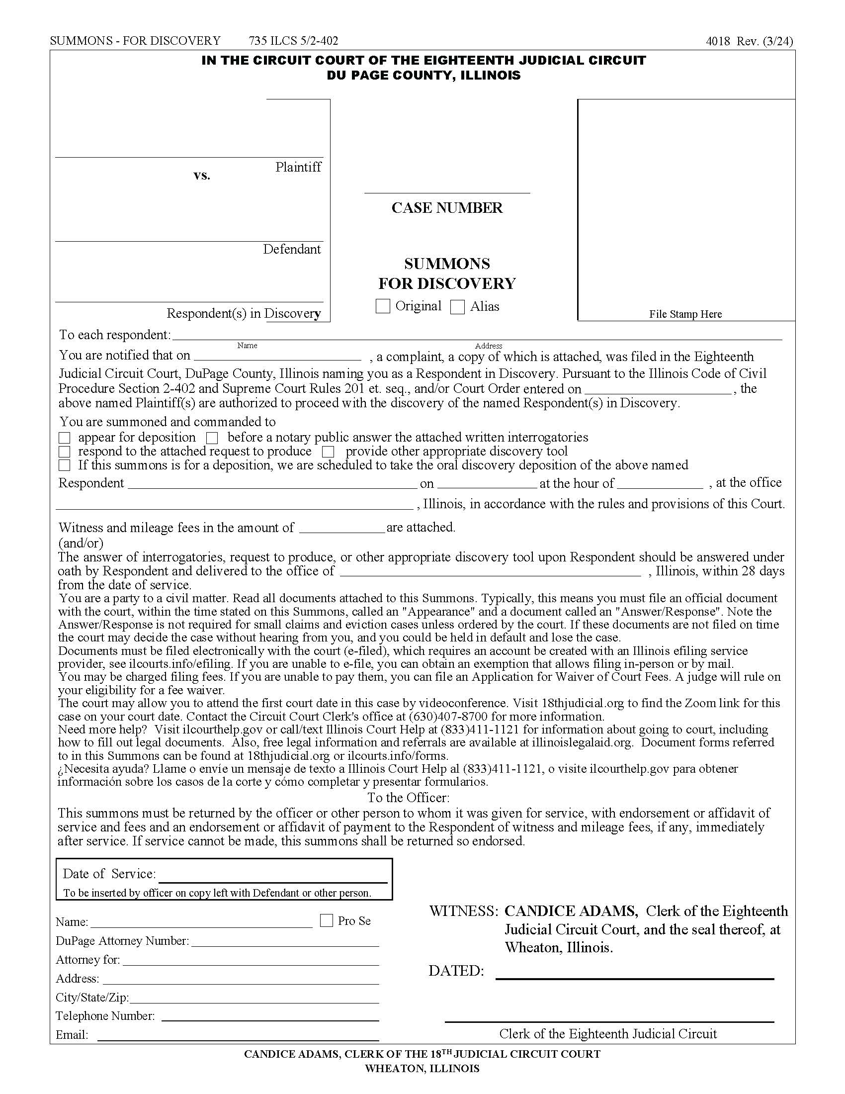 Summons For Discovery {4018} | Pdf Fpdf Docx | Illinois