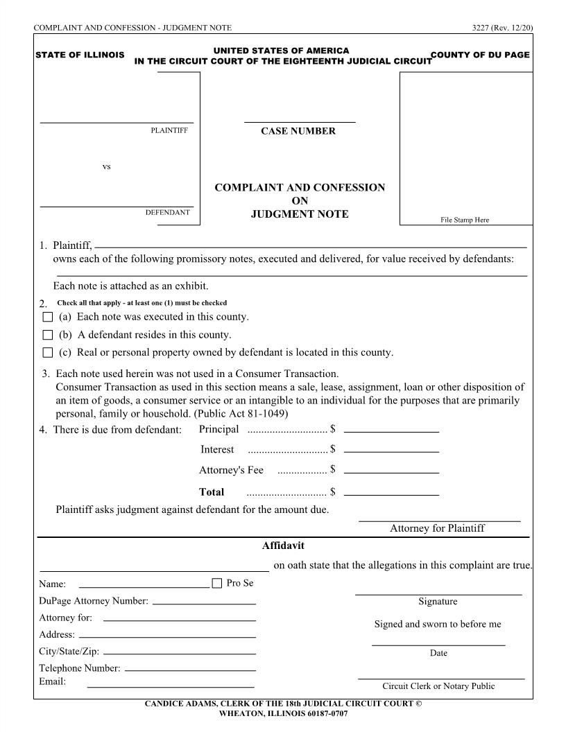 Complaint And Confession On Judgment Note {3227} | Pdf Fpdf Docx | Illinois