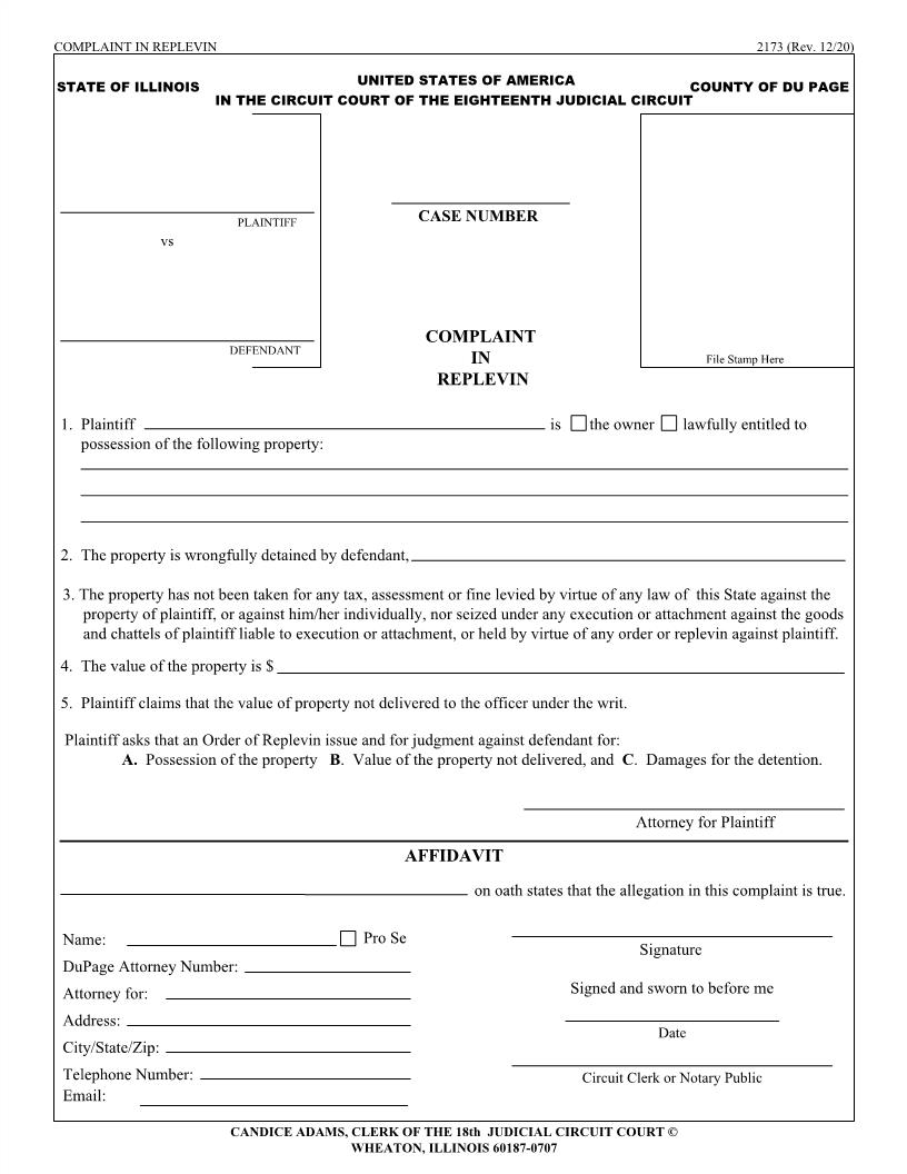 Complaint In Replevin {2173} | Pdf Fpdf Doc Docx | Illinois