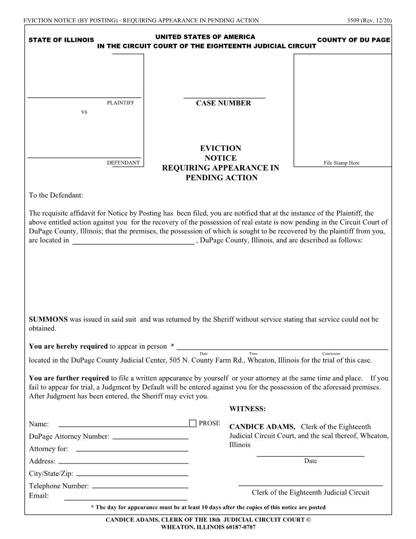 Eviction Notice Requiring Appearance In Pending Action {3509} | Pdf Fpdf Docx | Illinois