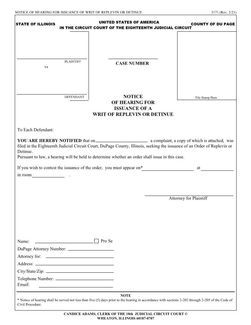 Notice Of Hearing For Issuance Of A Writ Of Replevin {3171} | Pdf Fpdf Docx | Illinois