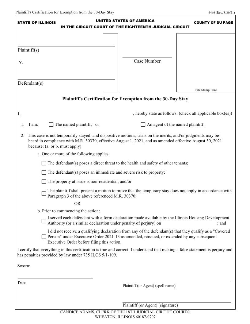 Plaintiffs Certification For Exemption From 30-Day Stay (Eviction) {4466} | Pdf Fpdf Docx | Illinois