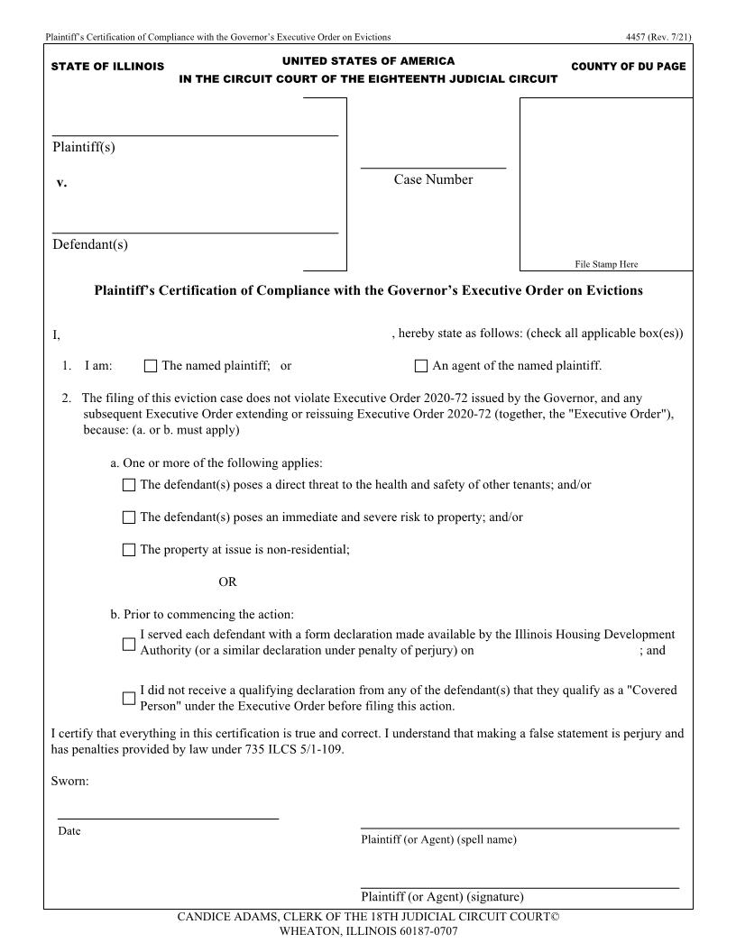 Plaintiffs Certification Of Compliance With Governors Executive Order On Evictions {4457} | Pdf Fpdf Docx | Illinois