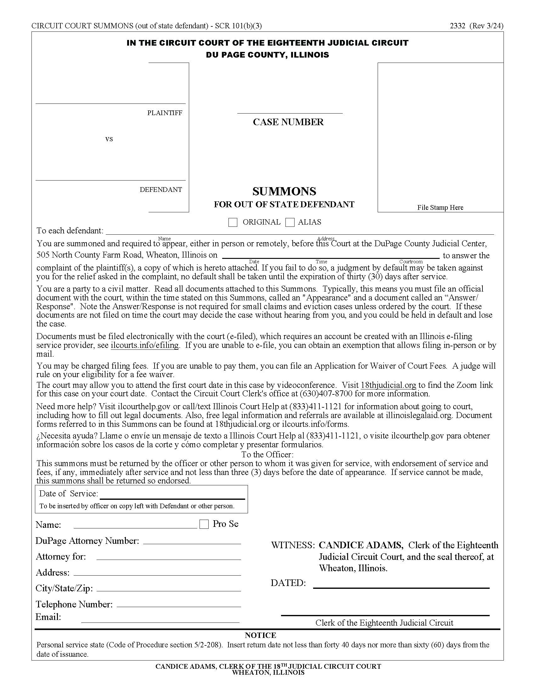 Summons For Out Of State Defendant {2332} | Pdf Fpdf Docx | Illinois