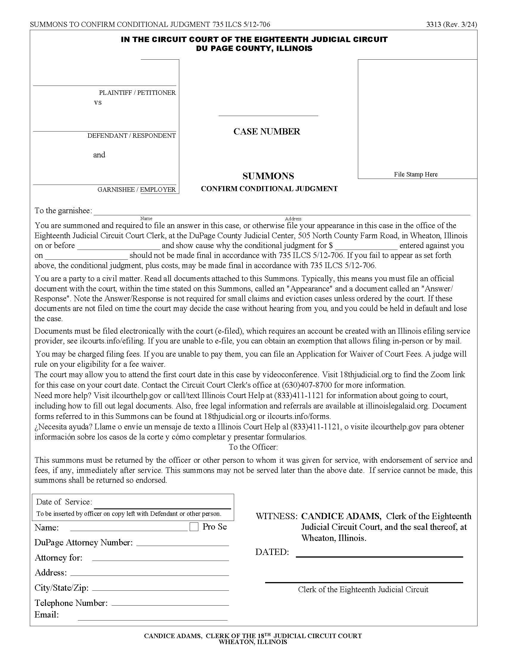 Summons To Confirm Conditional Judgment {3313} | Pdf Fpdf Docx | Illinois