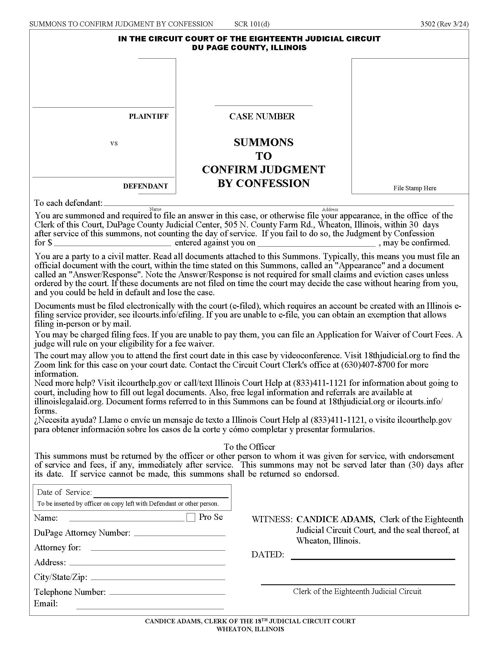 Summons To Confirm Judgment By Confession {3502} | Pdf Fpdf Docx | Illinois