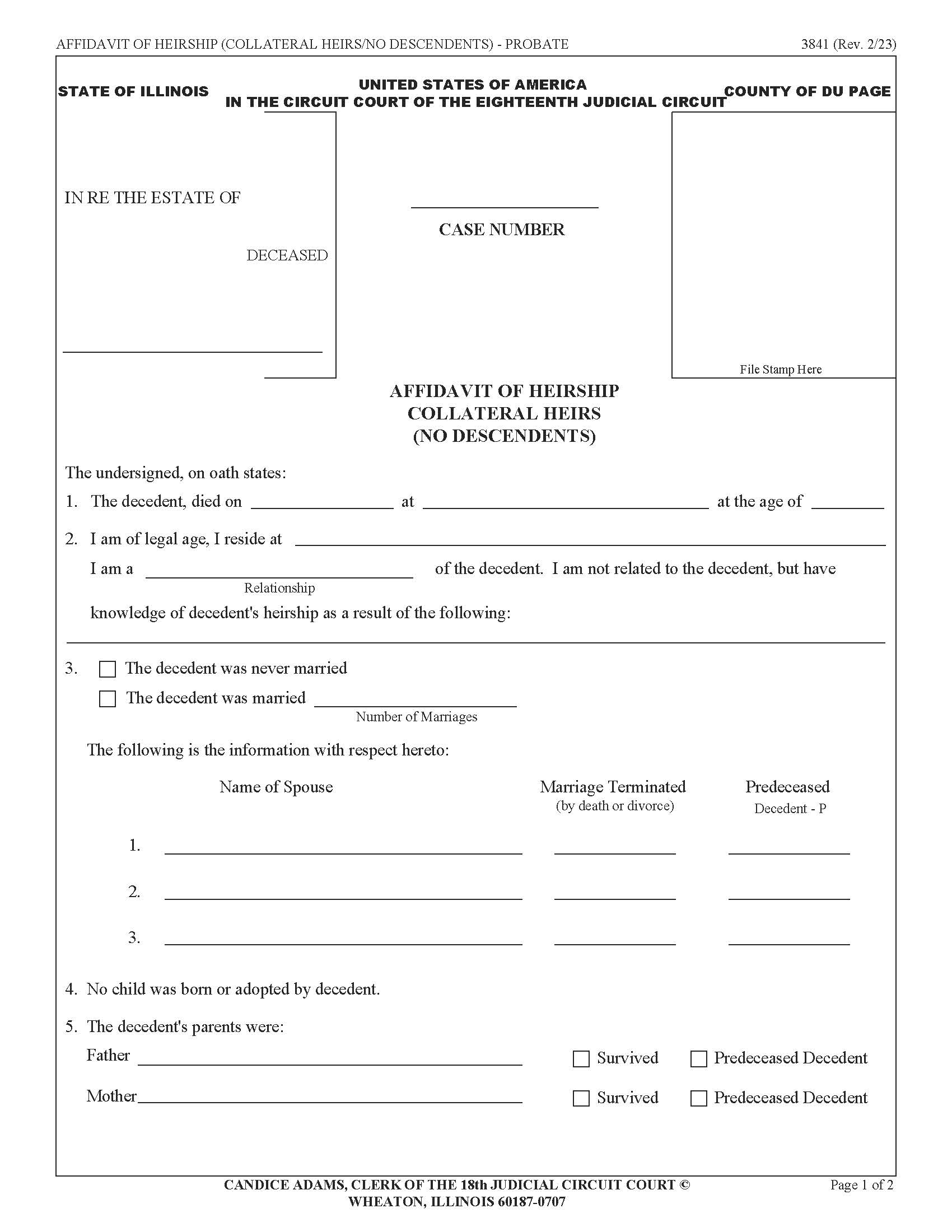 Affidavit Of Heirship Collaterial Heirs (No Descendants) {3841} | Pdf Fpdf Doc Docx | Illinois