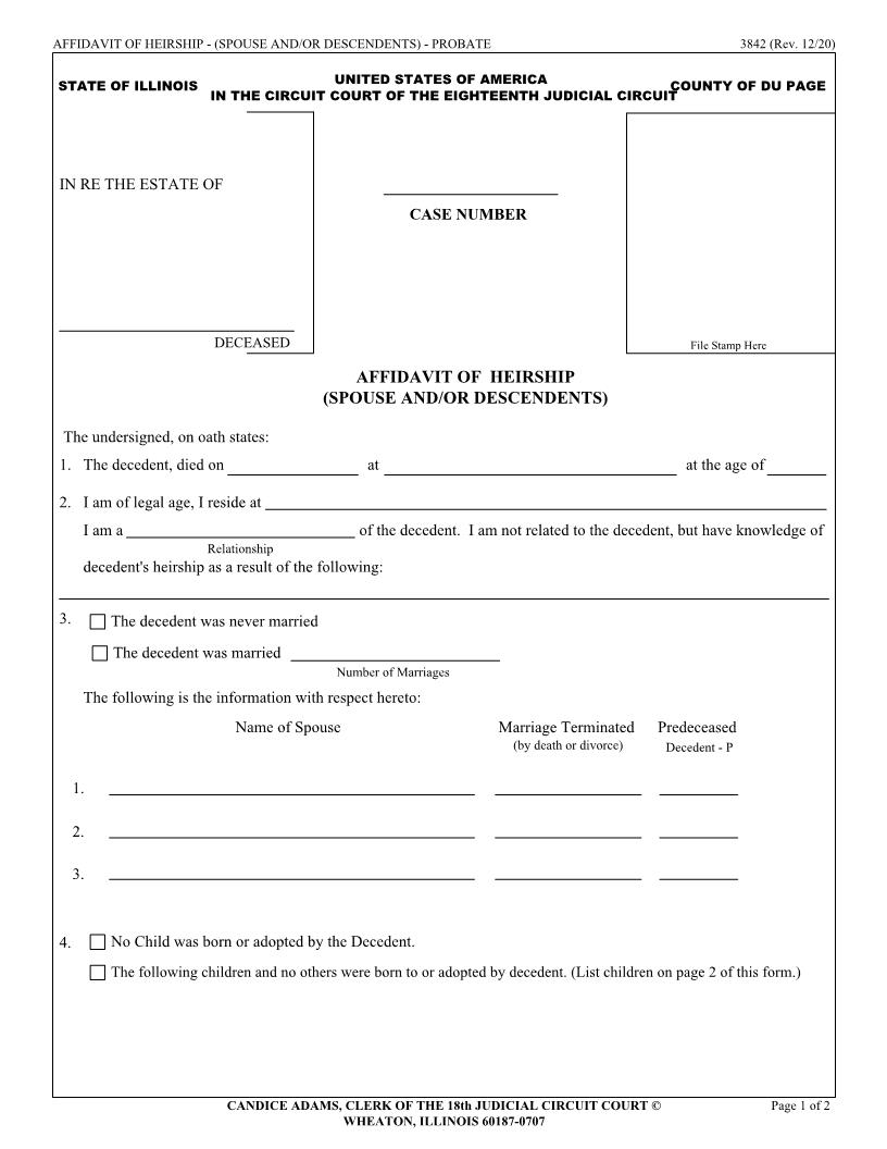 Affidavit Of Heirship Spouse And Or Descendants {3842} | Pdf Fpdf Doc Docx | Illinois