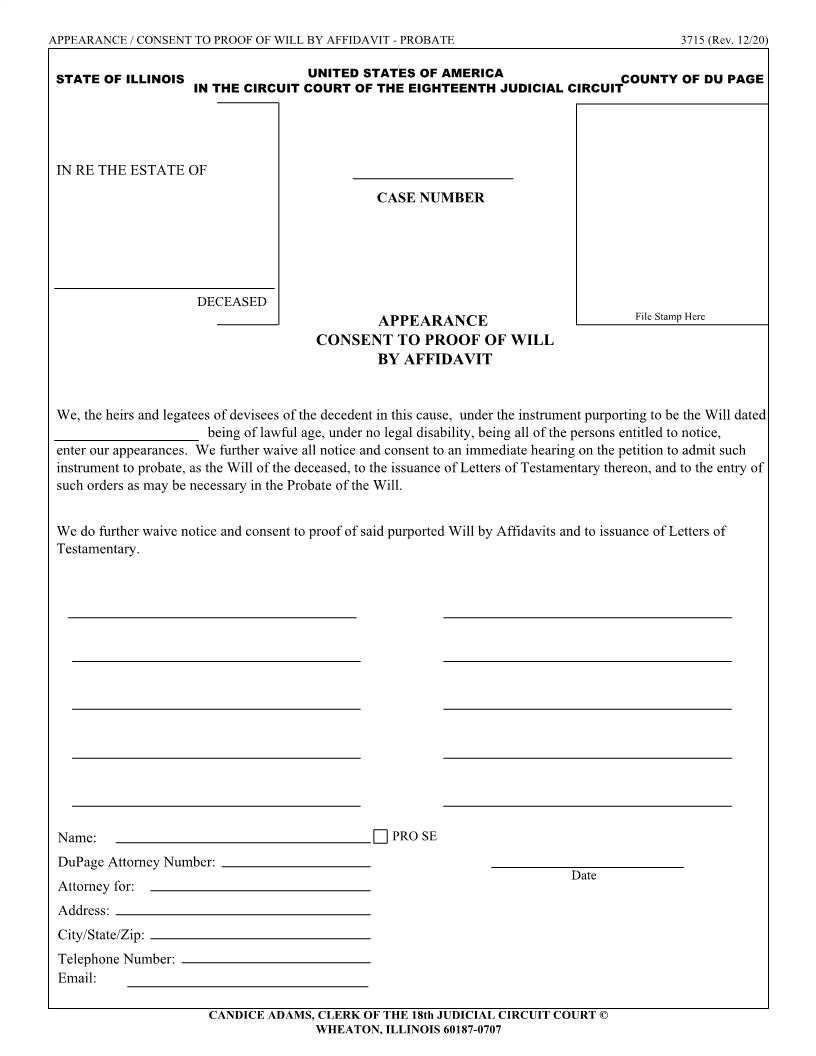 Appearance And Consent To Proof Of Will By Affidavit {3715} | Pdf Fpdf Doc Docx | Illinois