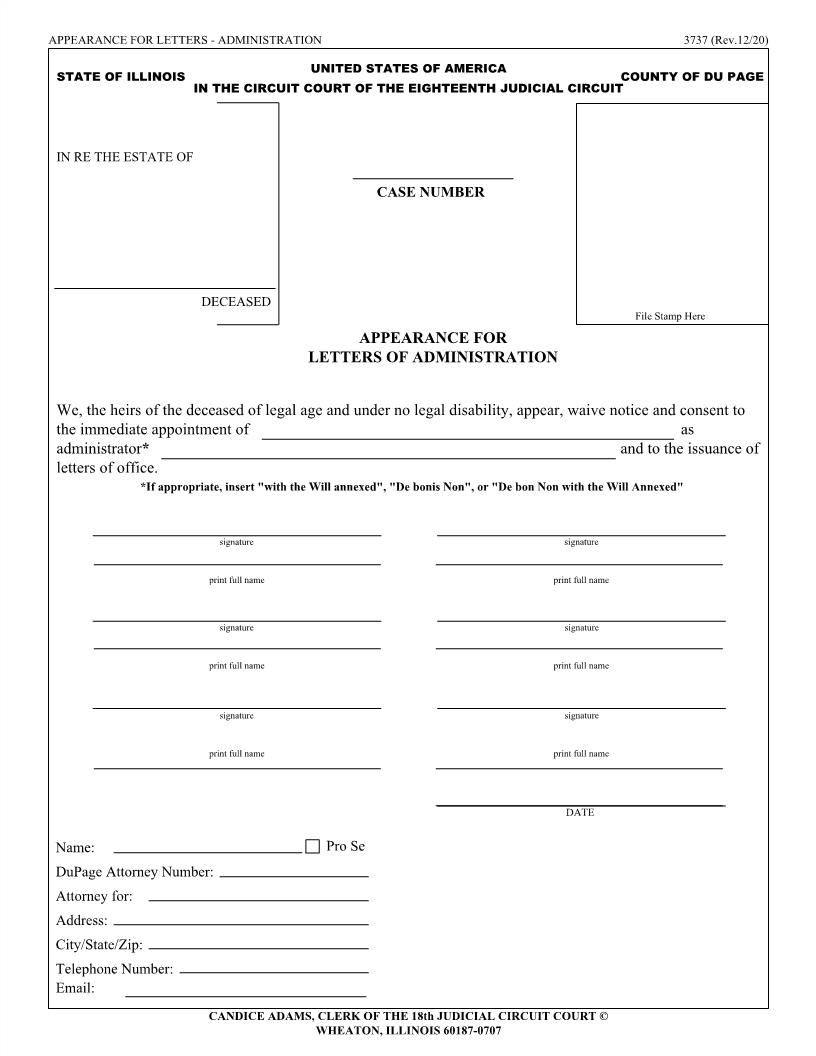 Appearance For Letters Of Administration {3737} | Pdf Fpdf Doc Docx | Illinois