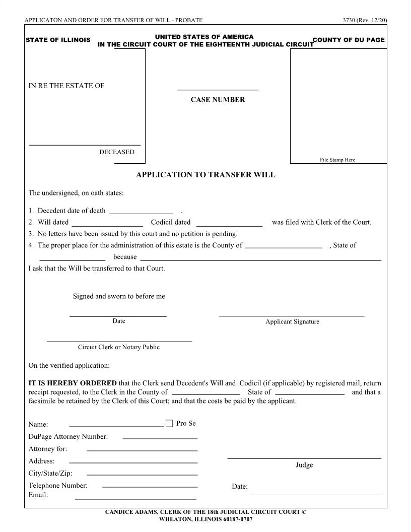 Application To Transfer Will {3730} | Pdf Fpdf Doc Docx | Illinois
