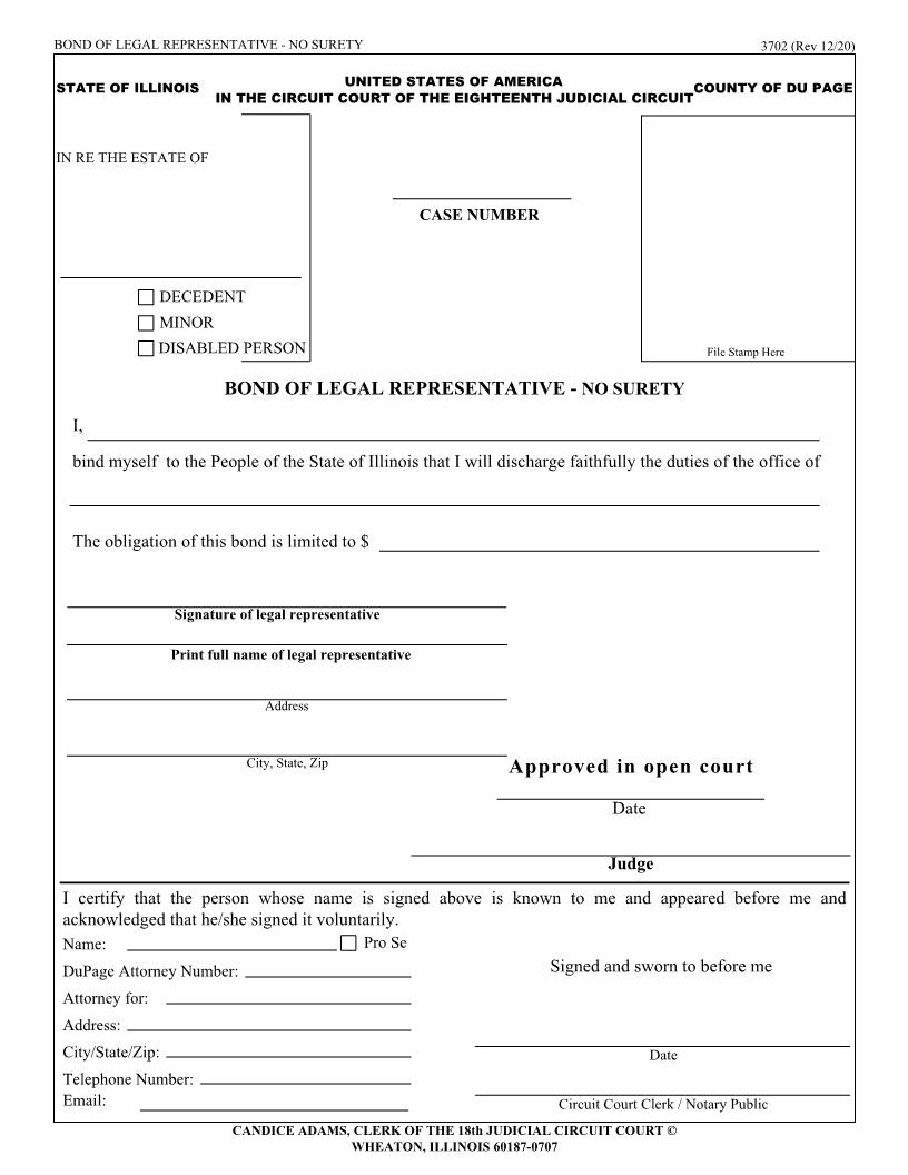 Bond Of Legal Representative No Surety {3702} | Pdf Fpdf Doc Docx | Illinois
