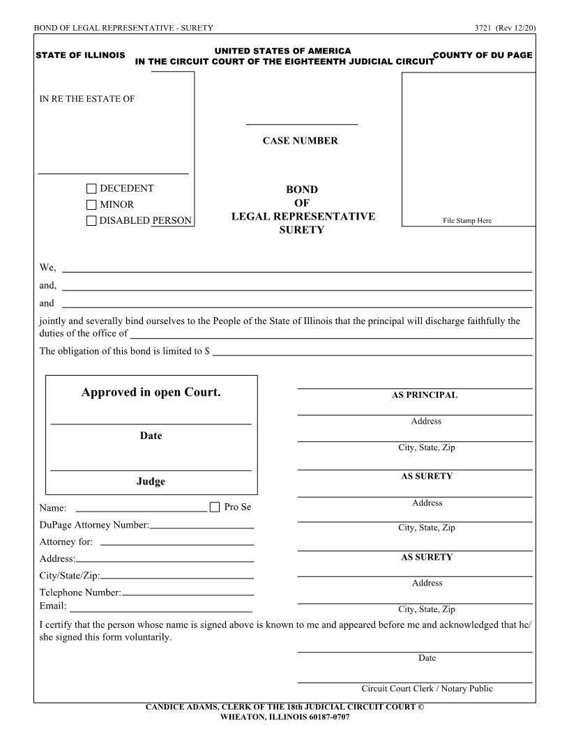 Bond Of Legal Representative Surety {3721} | Pdf Fpdf Doc Docx | Illinois