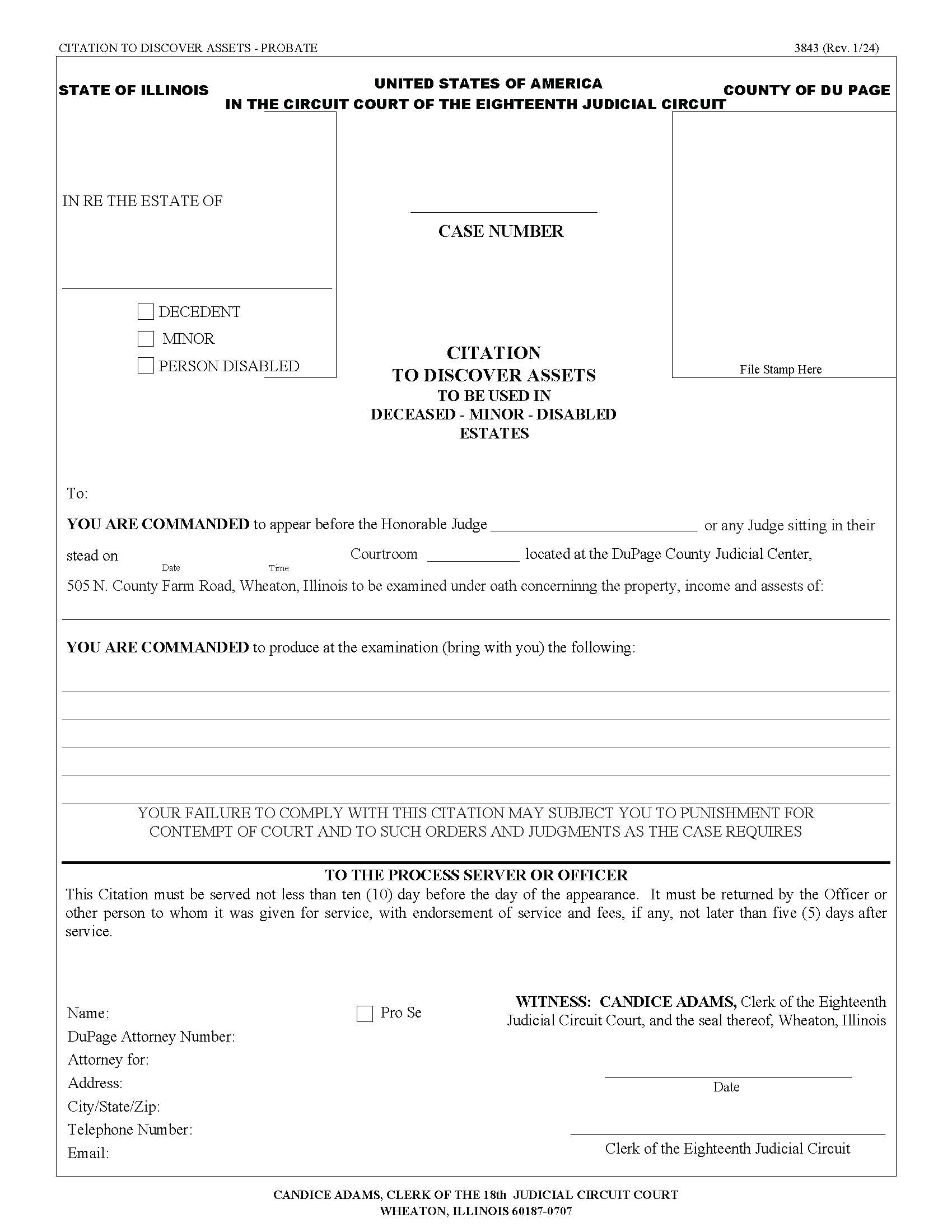 Citation To Discover Assets - Probate {3843} | Pdf Fpdf Doc Docx | Illinois
