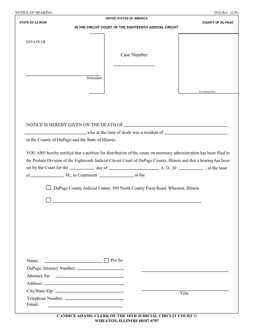 Notice Of Hearing (Petition For Summary Administration) {3826} | Pdf Fpdf Doc Docx | Illinois