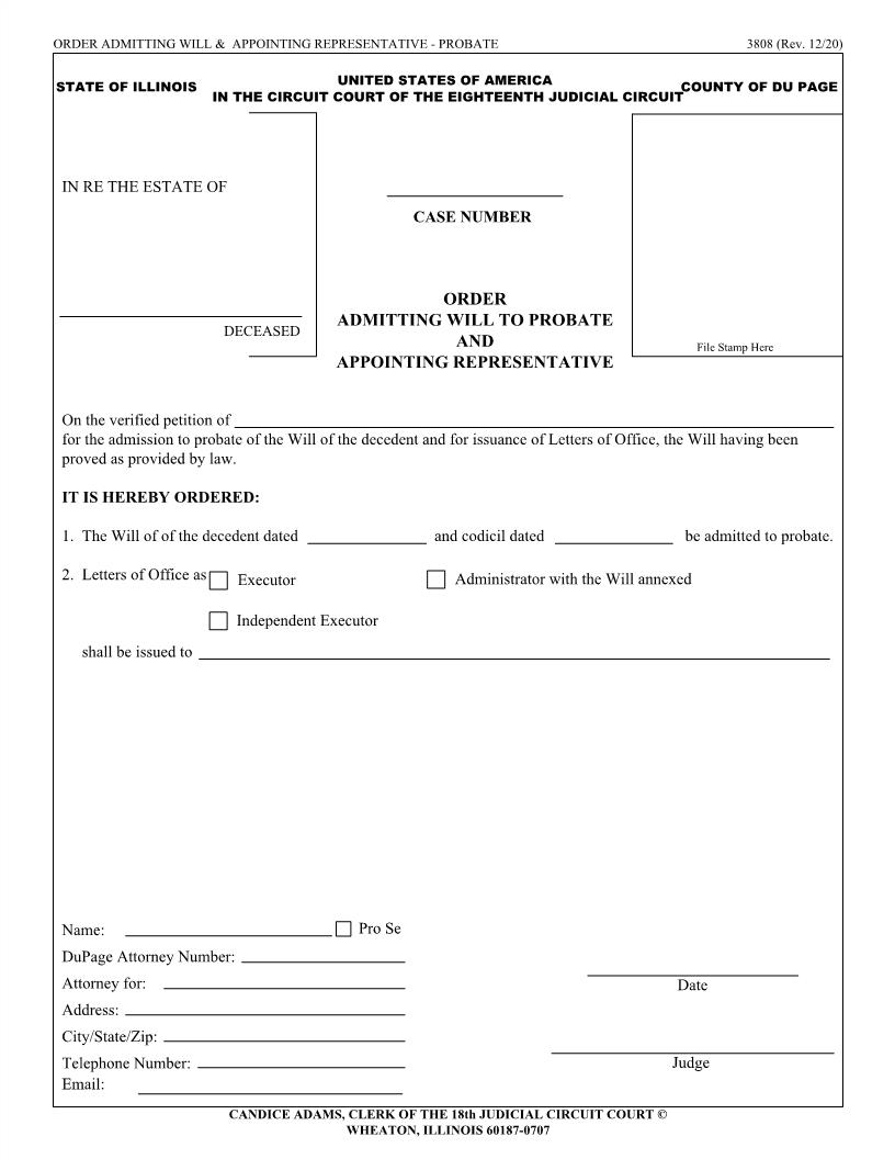 Order Admitting Will To Probate And Appointing Representative {3808} | Pdf Fpdf Doc Docx | Illinois