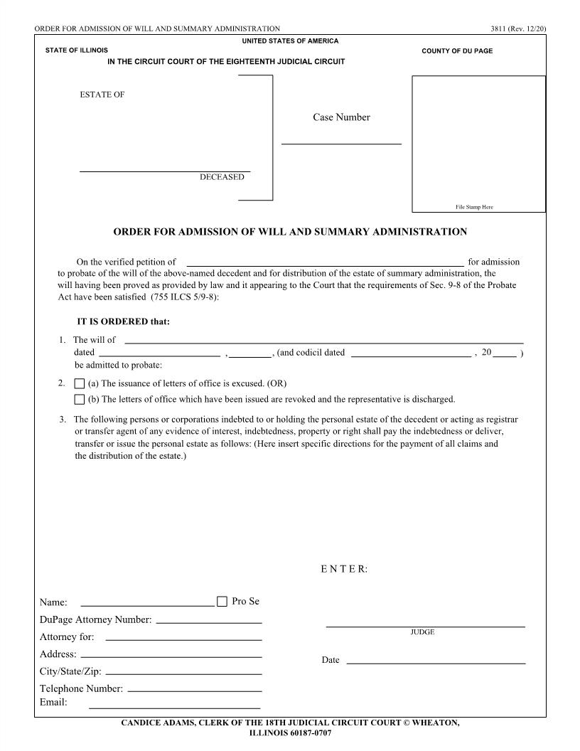 Order For Admission Of Will And Summary Administration {3811} | Pdf Fpdf Doc Docx | Illinois