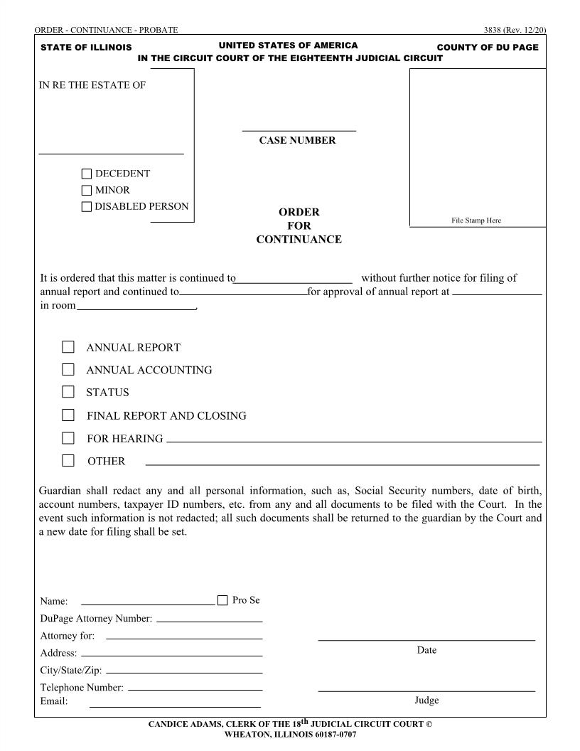 Order For Continuance {3838} | Pdf Fpdf Doc Docx | Illinois