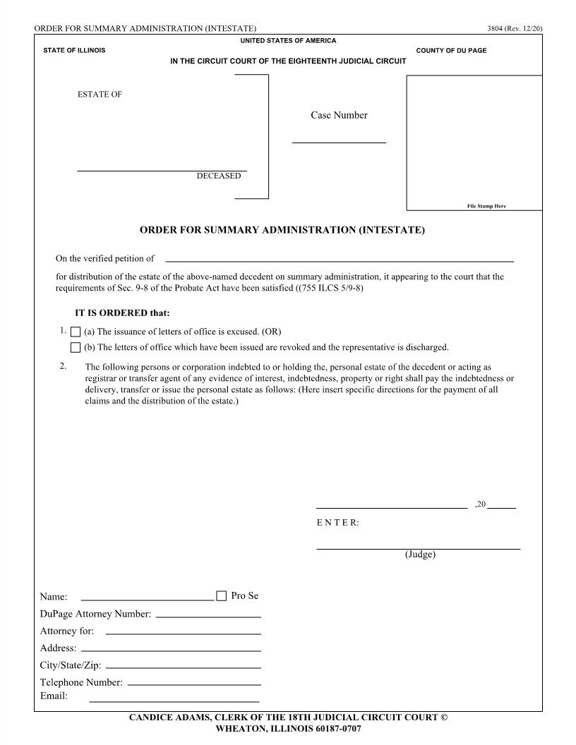 Order For Summary Administration Intestate {3804} | Pdf Fpdf Doc Docx | Illinois