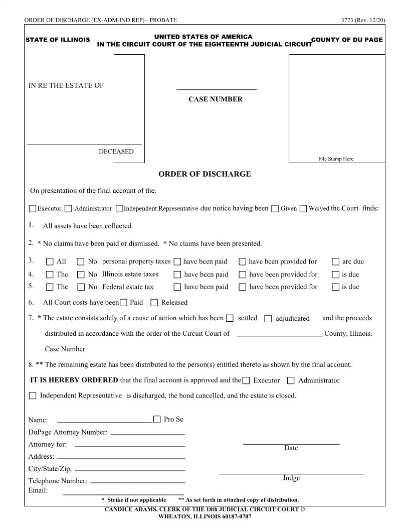 Order Of Discharge {3773} | Pdf Fpdf Doc Docx | Illinois
