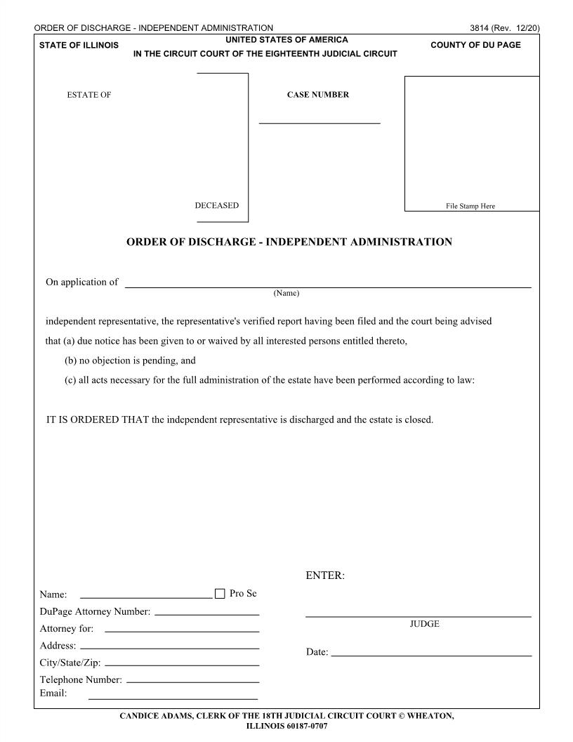 Order Of Discharge Independent Administration {3814} | Pdf Fpdf Doc Docx | Illinois