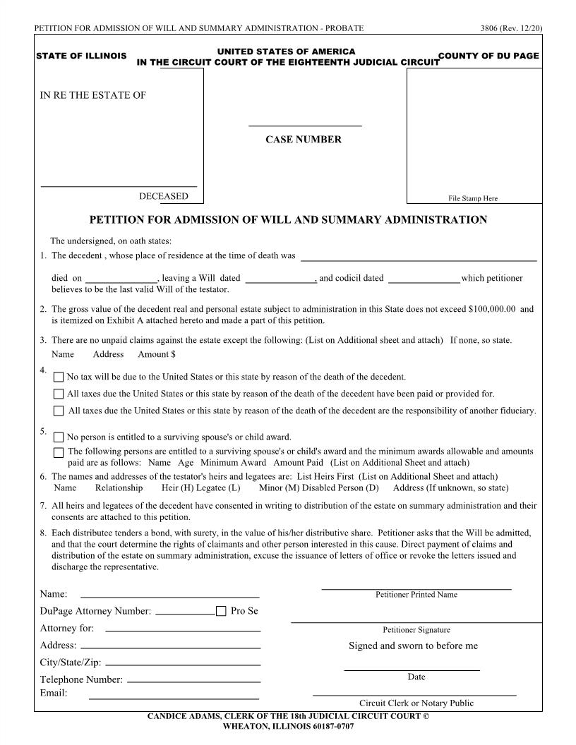 Petition For Admission Of Will And Summary Administration {3806} | Pdf Fpdf Doc Docx | Illinois