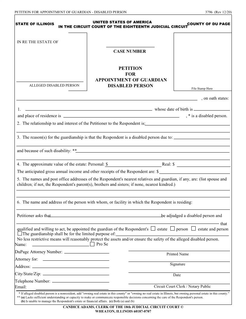 Petition For Appointment Of Guardian For Disabled Person {3796} | Pdf Fpdf Doc Docx | Illinois