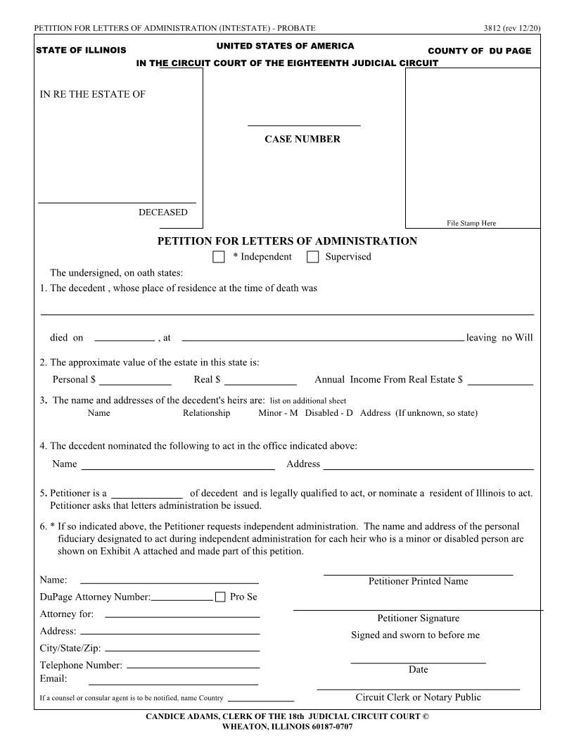 Petition For Letters Of Administration (Intestate) {3812} | Pdf Fpdf Doc Docx | Illinois