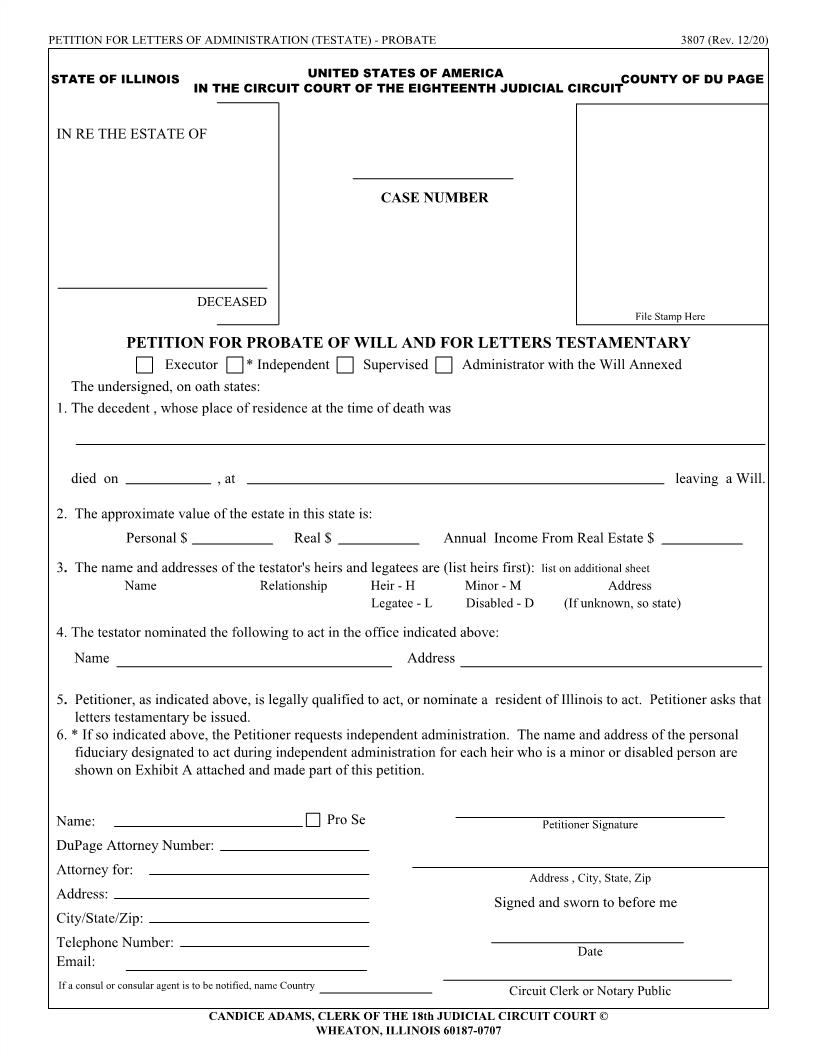 Petition For Probate Of Will And For Letters Testamentary {3807} | Pdf Fpdf Doc Docx | Illinois