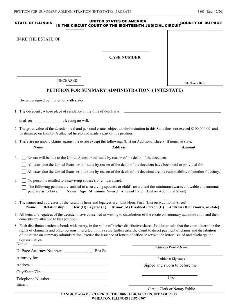 Petition For Summary Administration (Intestate) {3803} | Pdf Fpdf Docx | Illinois