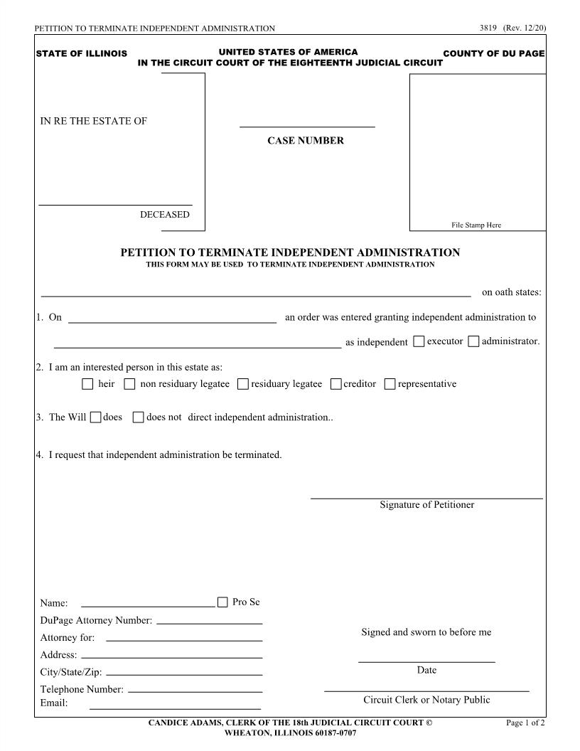 Petition To Terminate Independent Administration {3819} | Pdf Fpdf Doc Docx | Illinois