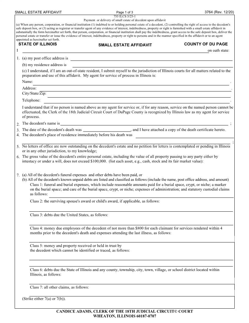 Small Estate Affidavit {3764} | Pdf Fpdf Doc Docx | Illinois