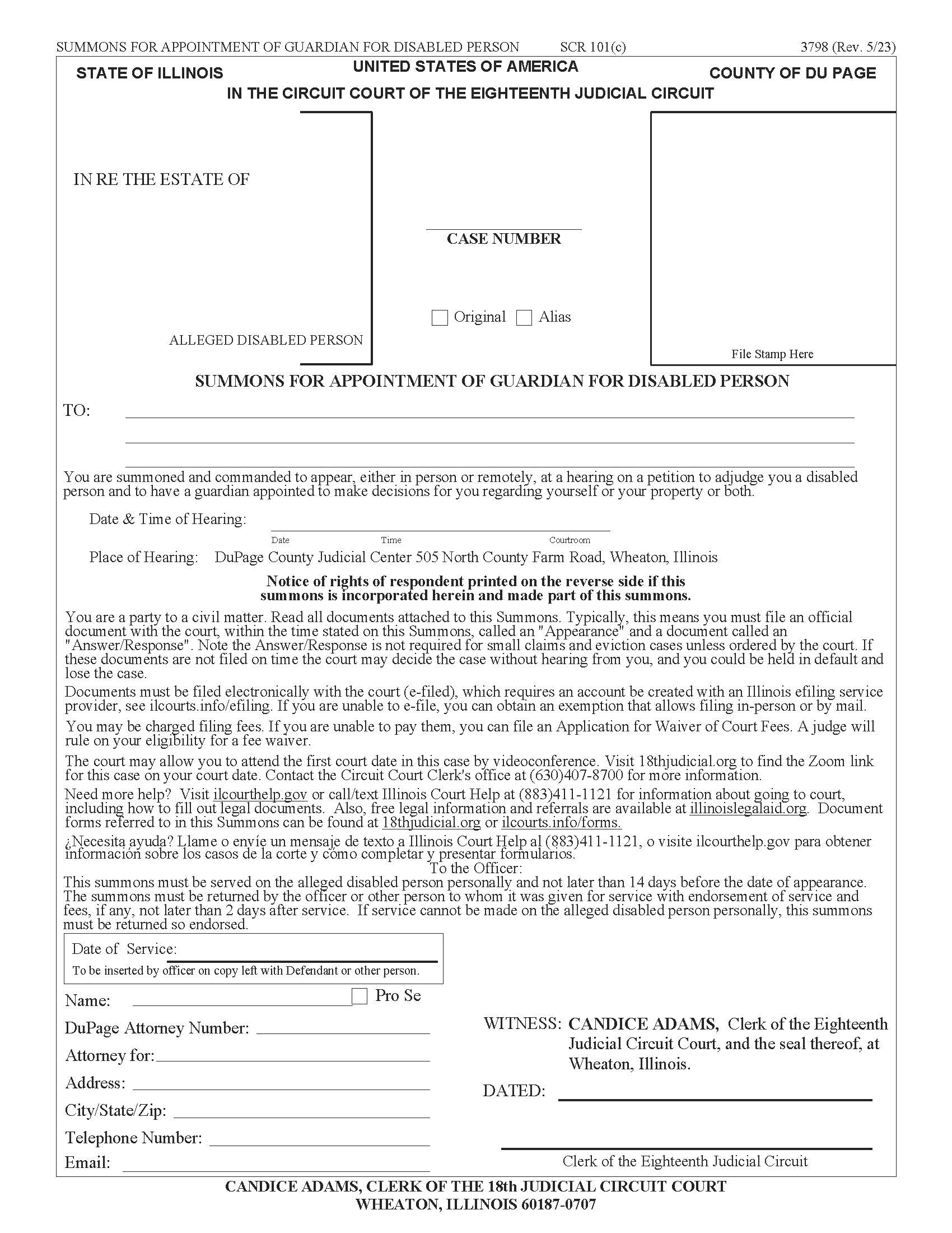 Summons For Appointment Of Guardian For Disabled Person {3798} | Pdf Fpdf Docx | Illinois