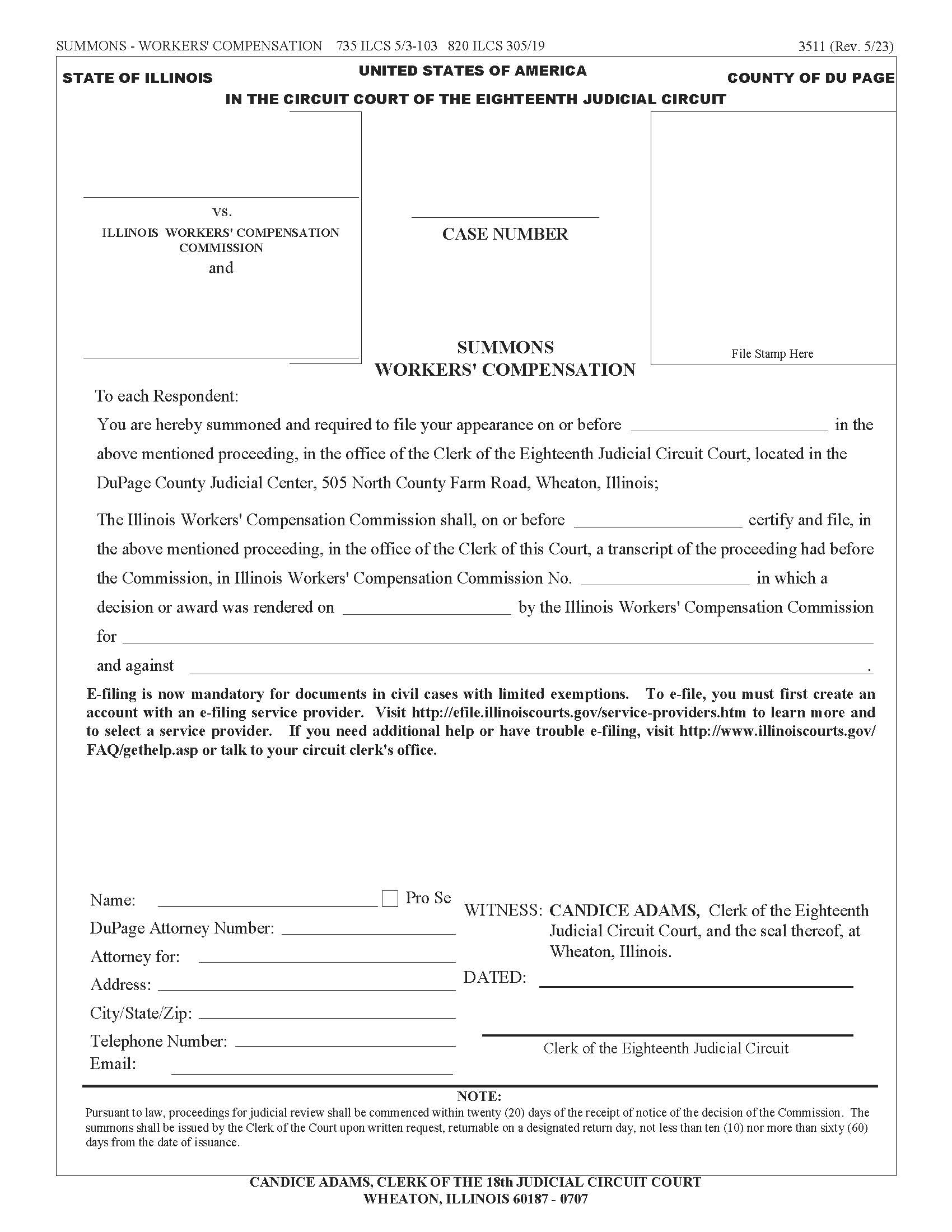 Summons Workers Compensation {3511} | Pdf Fpdf Docx | Illinois