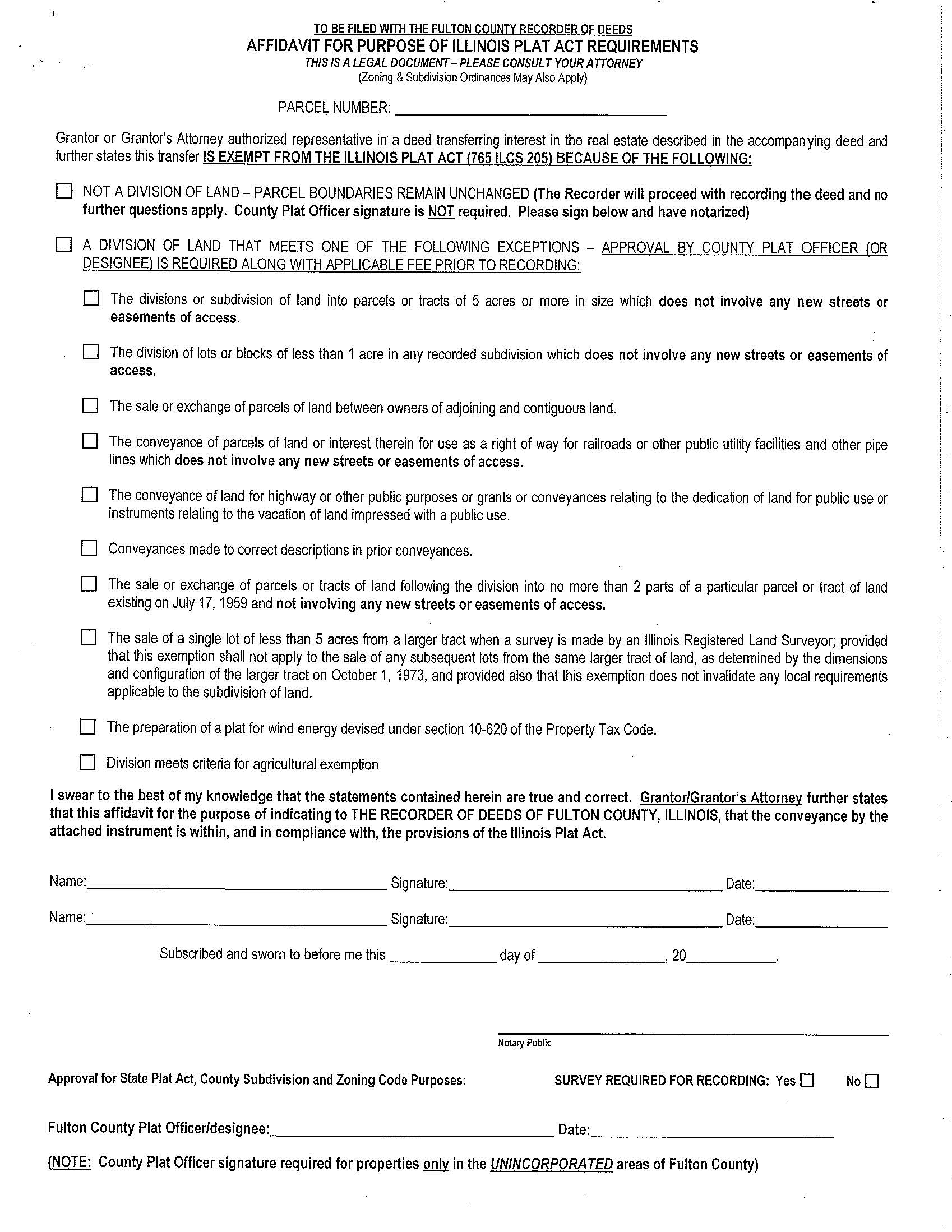Affidavit For Purpose Of Illinois Plat Act Requirements | Pdf Fpdf Docx | Illinois