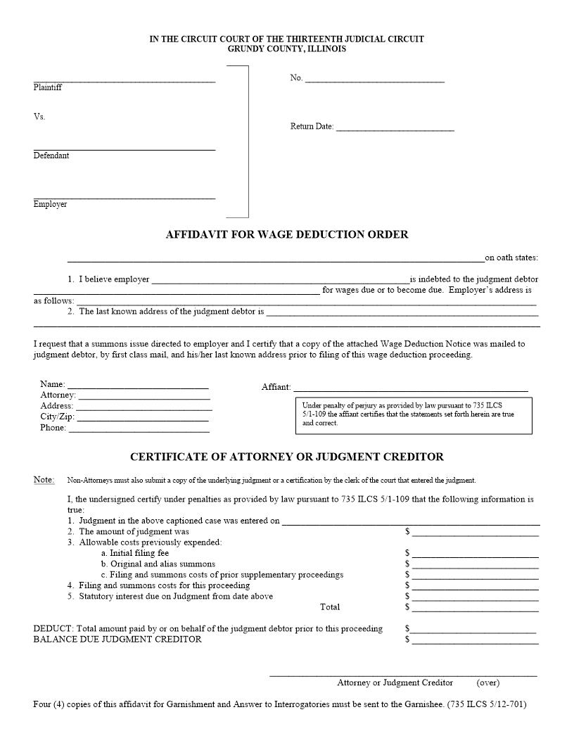 Affidavit For Wage Deduction Order | Pdf Fpdf Doc Docx | Illinois