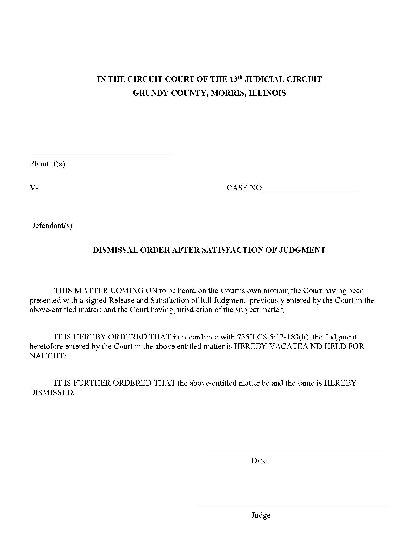 Dismissal Order After Satisfaction Of Judgment | Pdf Fpdf Docx | Illinois