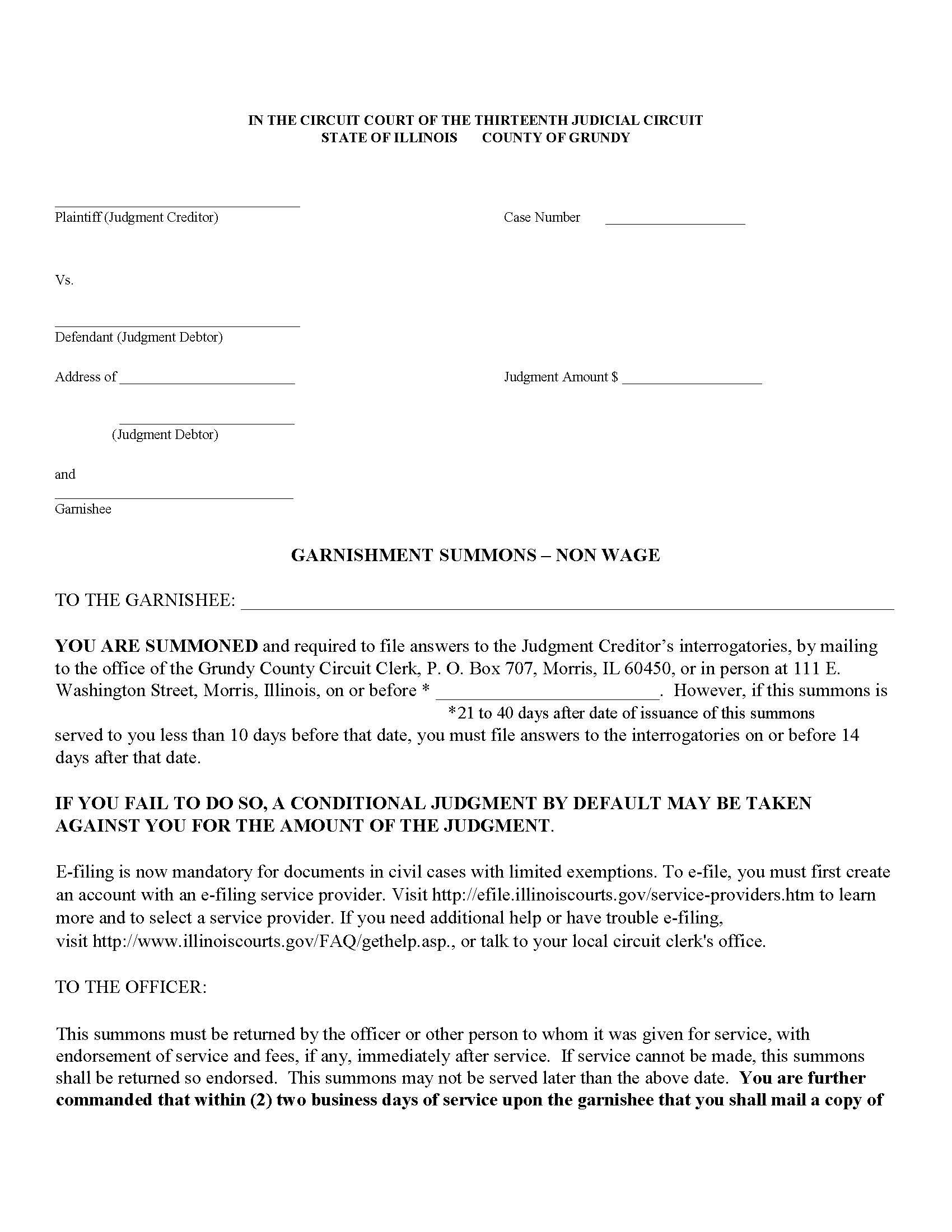 Garnishment Summons - Non Wage | Pdf Fpdf Doc Docx | Illinois