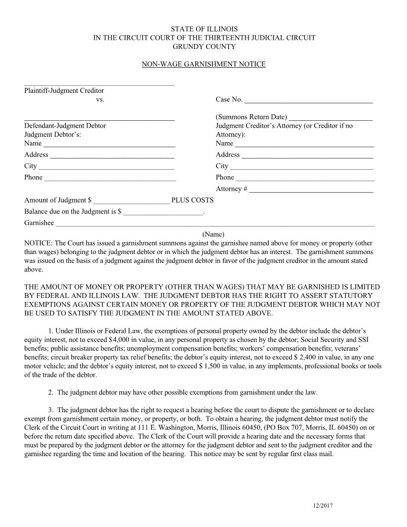Non-Wage Garnishment Notice | Pdf Fpdf Doc Docx | Illinois