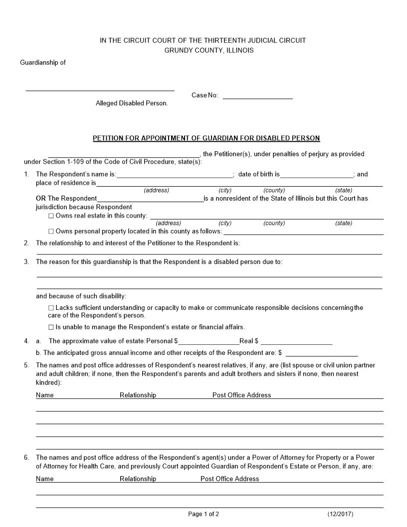 Petition For Appointment Of Guardian For Disabled Person | Pdf Fpdf Docx | Illinois