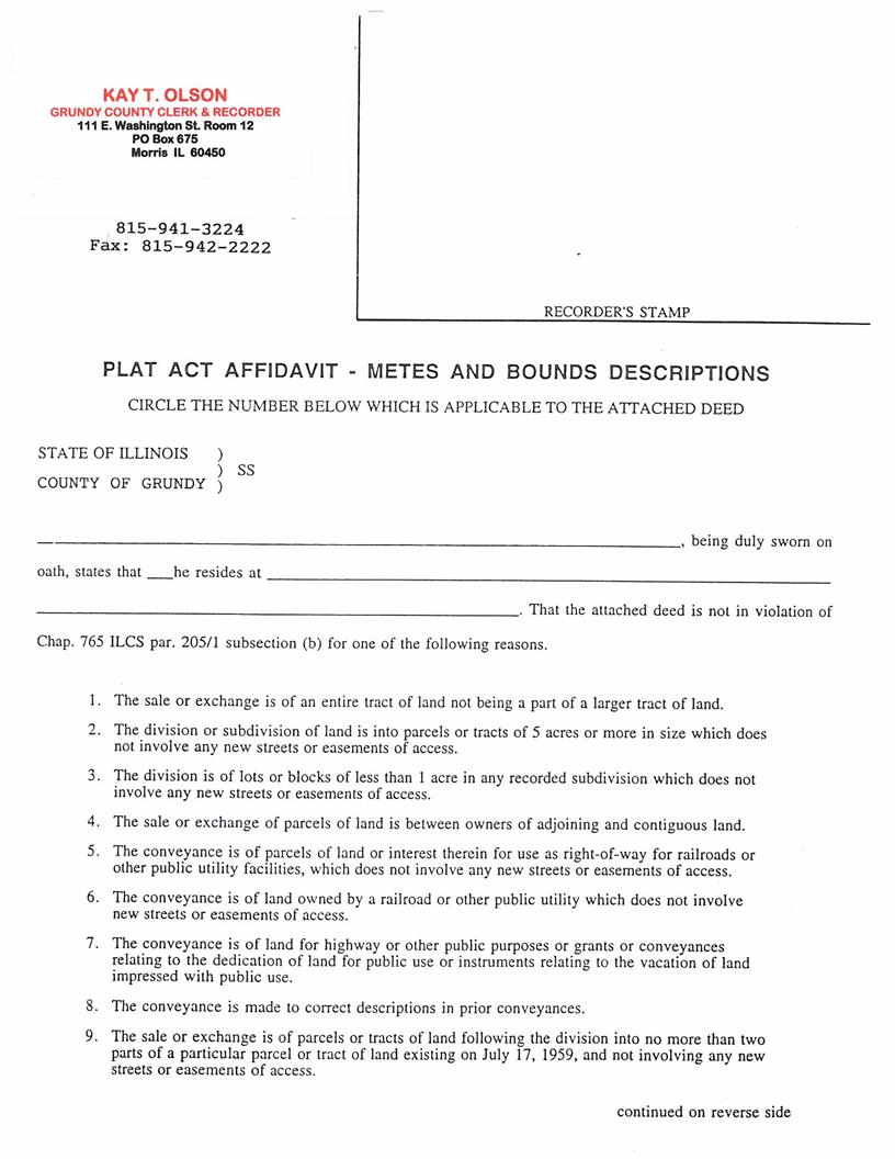 Plat Act Affidavit - Metes And Bounds Descriptions | Pdf Fpdf Docx | Illinois