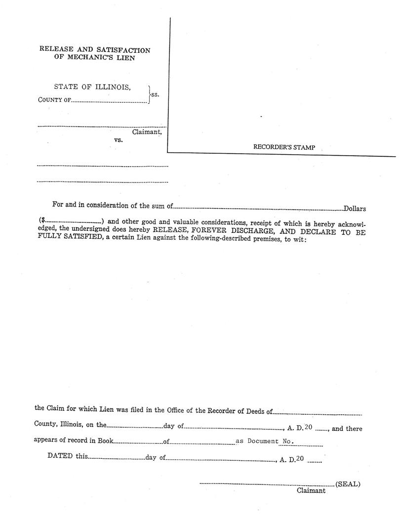 Release And Satisfaction Of Mechanics Lien | Pdf Fpdf Docx | Illinois