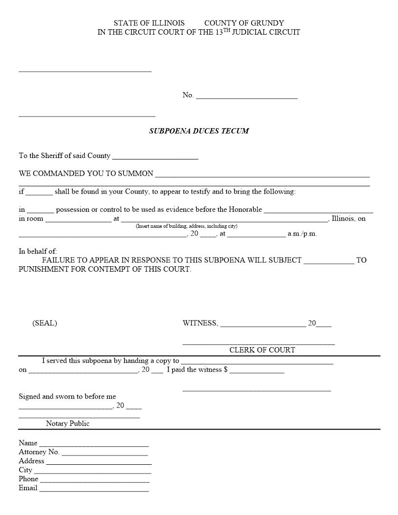 Subpoena Duces Tecum | Pdf Fpdf Doc Docx | Illinois
