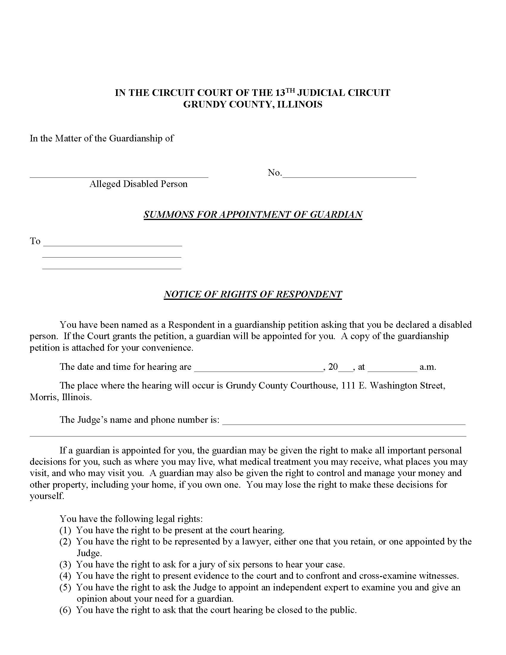 Summons For Appointment Of Guardian Notice Of Rights Of Respondent | Pdf Fpdf Docx | Illinois