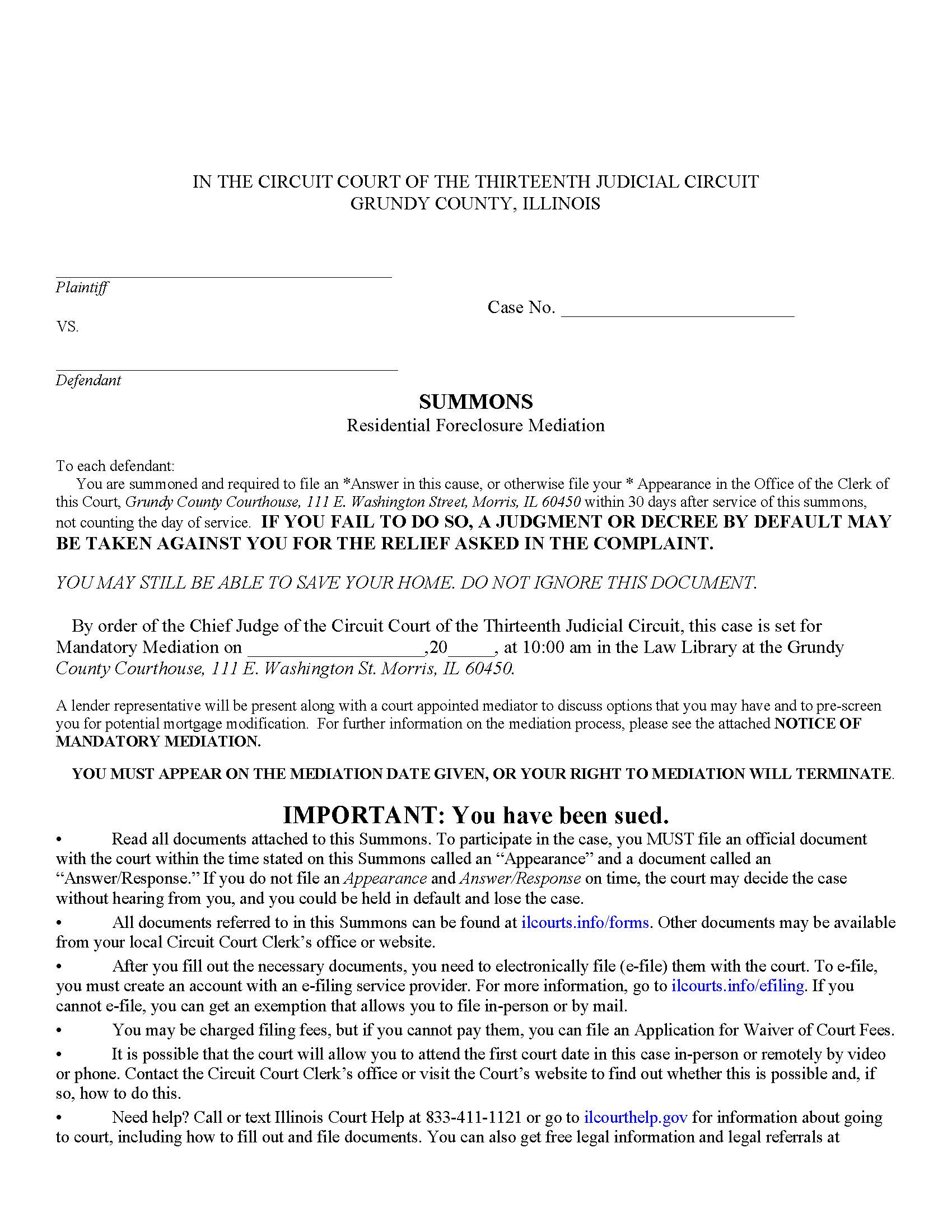Summons Residential Foreclosure Mediation | Pdf Fpdf Docx | Illinois