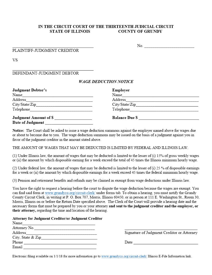 Wage Deduction Notice | Pdf Fpdf Doc Docx | Illinois