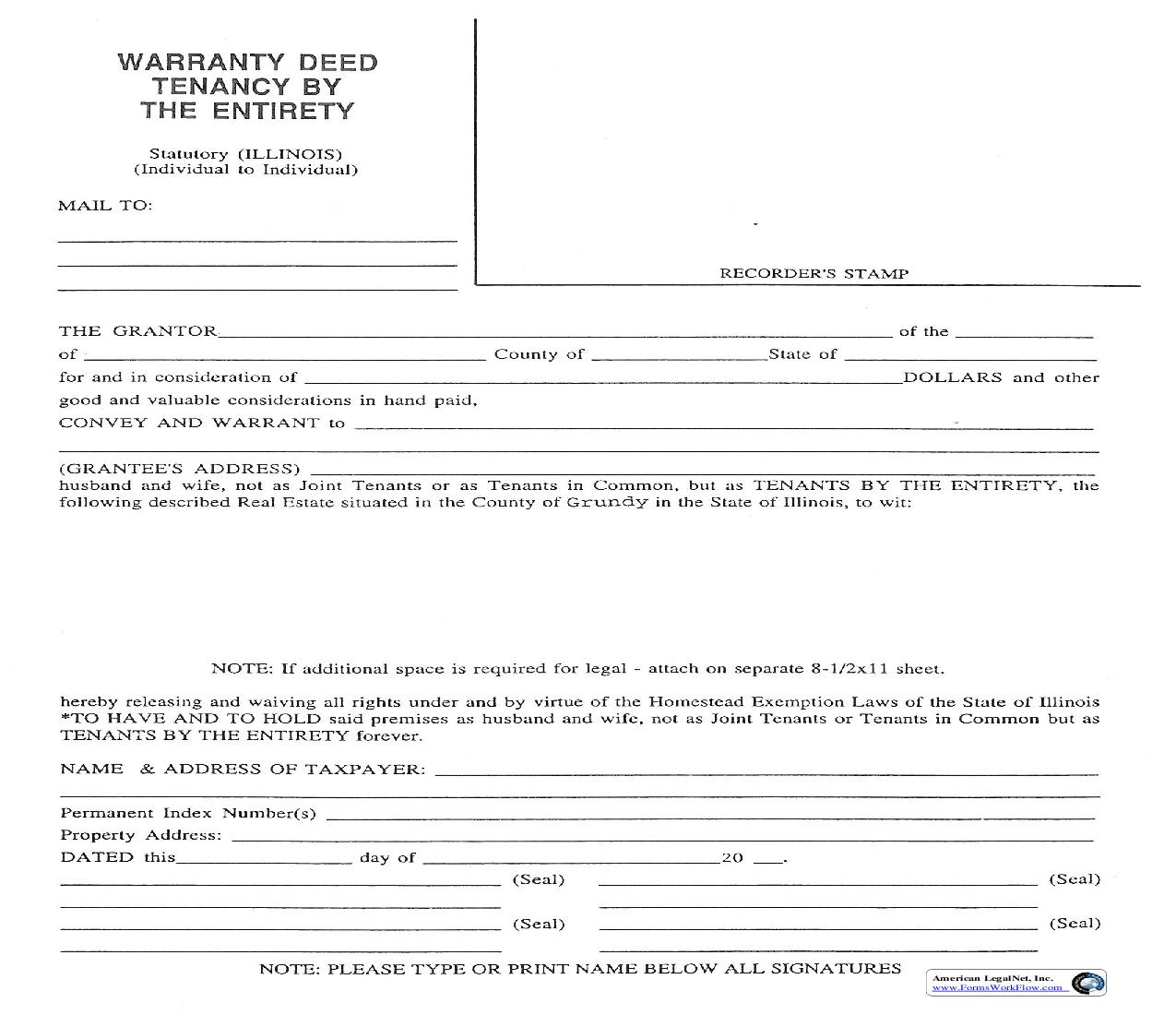 Warranty Deed Tenancy By The Entirety | Pdf Fpdf Doc Docx | Illinois