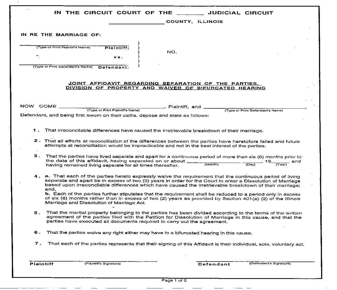 Joint Affidavit Regarding Separation Of The Parties | Pdf Fpdf Doc Docx | Illinois