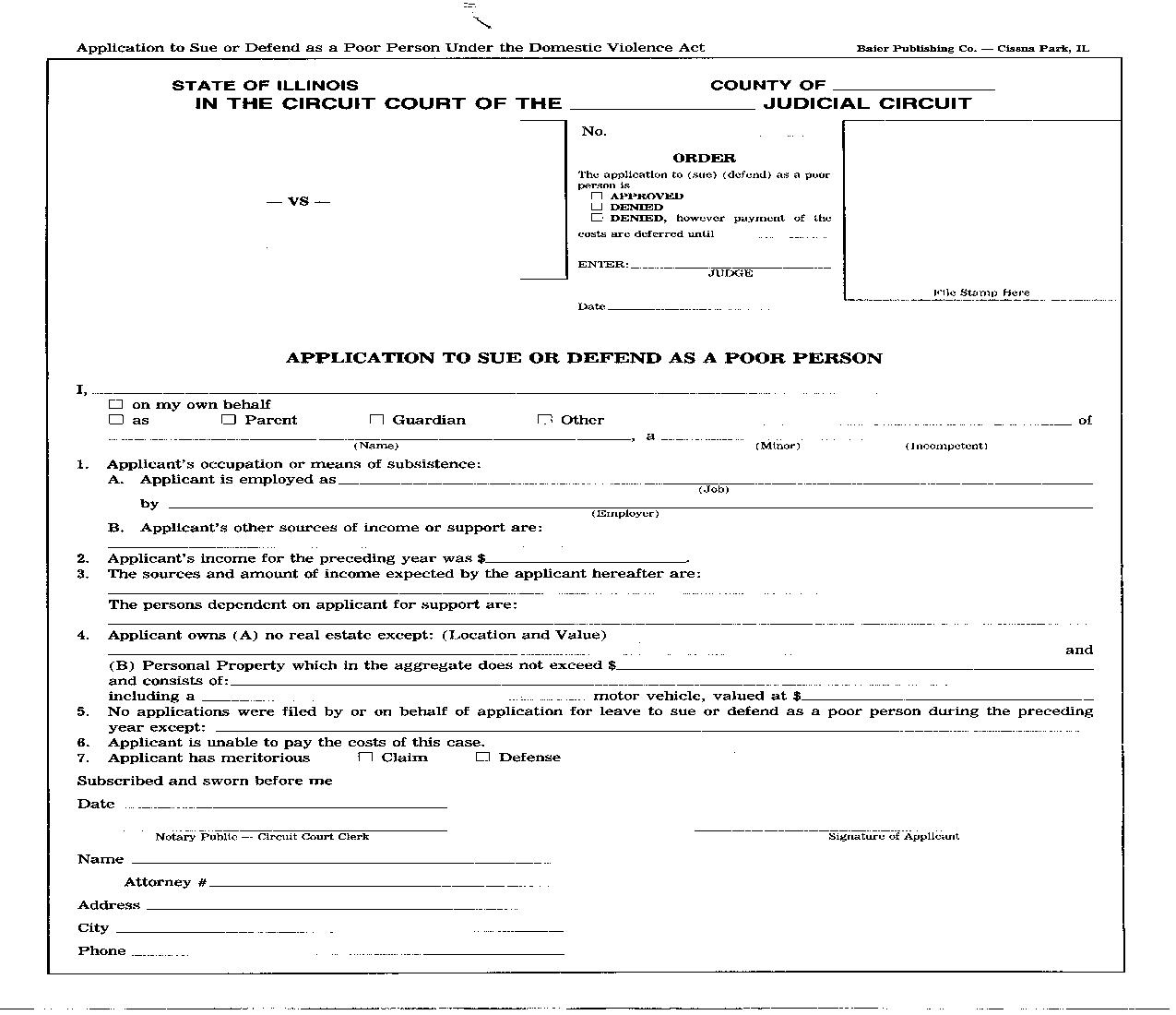 Application To Sue or Defend As A Poor Person | Pdf Fpdf Doc Docx | Illinois