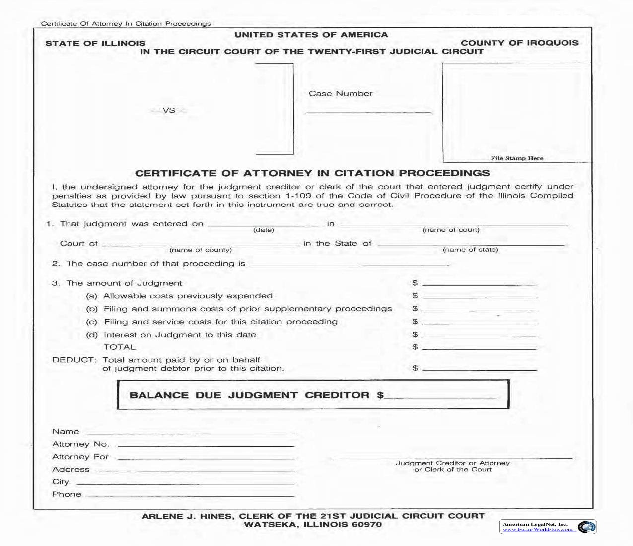 Certificate Of Attorney In Citation Proceedings | Pdf Fpdf Doc Docx | Illinois